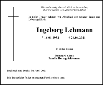 Traueranzeige von Ingeborg Lehmann