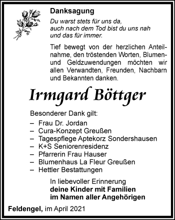 Traueranzeige von Irmgard Böttger von Thüringer Allgemeine