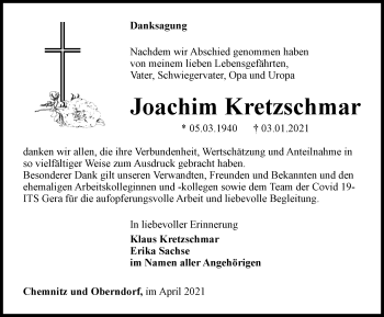 Traueranzeige von Joachim Kretzschmar von Ostthüringer Zeitung