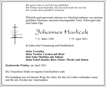 Traueranzeige von Johannes Havlicek von Ostthüringer Zeitung