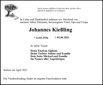 Traueranzeige von Johannes Kießling von Ostthüringer Zeitung