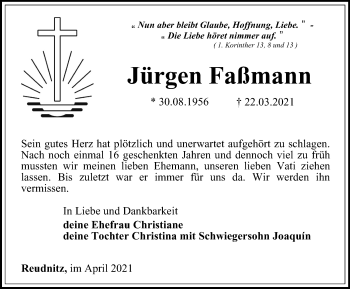Traueranzeige von Jürgen Faßmann von Ostthüringer Zeitung