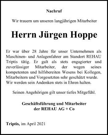 Traueranzeige von Jürgen Hoppe