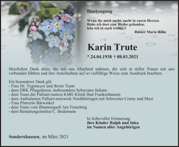 Traueranzeige von Karin Trute