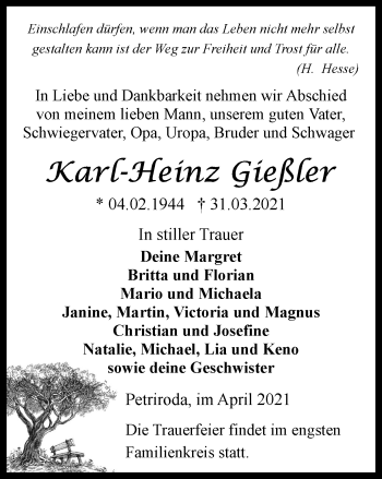 Traueranzeige von Karl-Heinz Gießler von Thüringer Allgemeine, Thüringische Landeszeitung