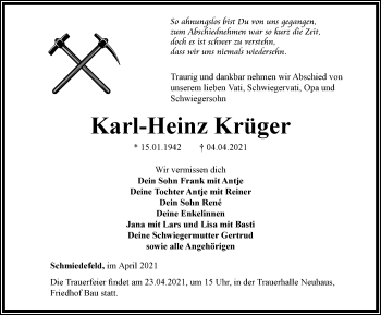 Traueranzeige von Karl-Heinz Krüger von Ostthüringer Zeitung