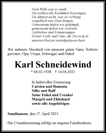 Traueranzeige von Karl Schneidewind von Thüringer Allgemeine