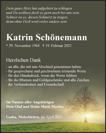 Traueranzeige von Katrin Schönemann von Thüringer Allgemeine, Thüringische Landeszeitung