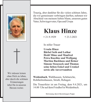 Traueranzeige von Klaus Hinze von Thüringer Allgemeine