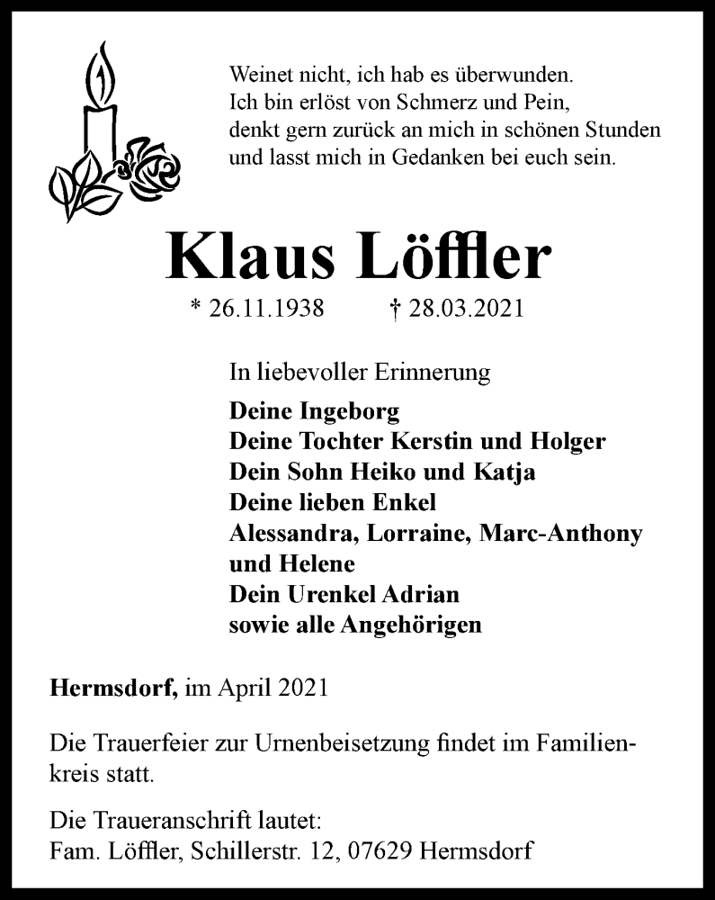  Traueranzeige für Klaus Löffler vom 10.04.2021 aus Ostthüringer Zeitung