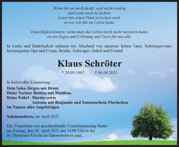 Traueranzeige von Klaus Schröter von Thüringer Allgemeine, Thüringische Landeszeitung