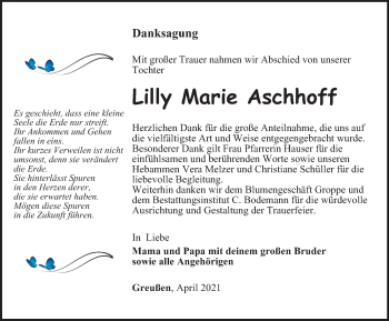 Traueranzeige von Lilly Marie Aschhoff von Thüringer Allgemeine