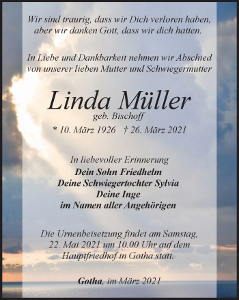 Traueranzeige von Linda Müller von Thüringer Allgemeine, Thüringische Landeszeitung