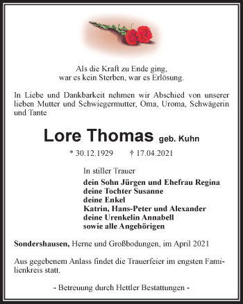 Traueranzeige von Lore Thomas von Thüringer Allgemeine