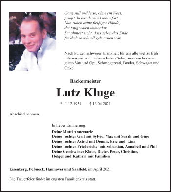 Traueranzeige von Lutz Kluge von Ostthüringer Zeitung