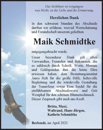 Traueranzeige von Maik Schmidtke von Thüringer Allgemeine, Thüringische Landeszeitung