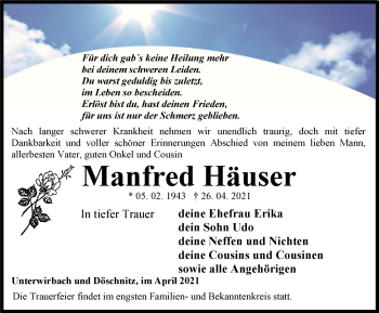 Traueranzeige von Manfred Häuser von Ostthüringer Zeitung