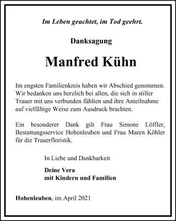 Traueranzeige von Manfred Kühn von Ostthüringer Zeitung