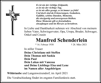 Traueranzeige von Manfred Schenderlein von Ostthüringer Zeitung