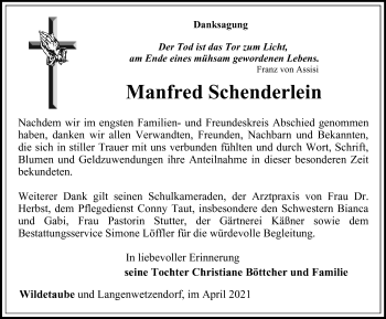 Traueranzeige von Manfred Schenderlein von Ostthüringer Zeitung