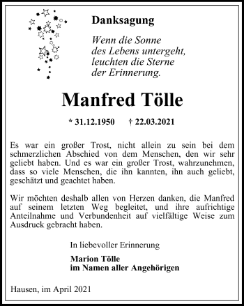 Traueranzeige von Manfred Tölle von Thüringer Allgemeine