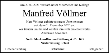 Traueranzeige von Manfred Völlmer von Thüringer Allgemeine