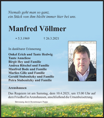 Traueranzeige von Manfred Völlmer von Thüringer Allgemeine