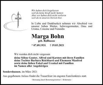 Traueranzeige von Marga Bohn