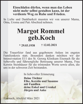 Traueranzeige von Margot Rommel von Thüringer Allgemeine, Thüringische Landeszeitung