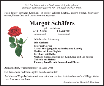 Traueranzeige von Margot Schäfers von Thüringer Allgemeine, Thüringische Landeszeitung