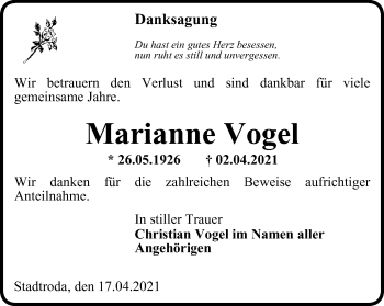 Traueranzeige von Marianne Vogel von Ostthüringer Zeitung