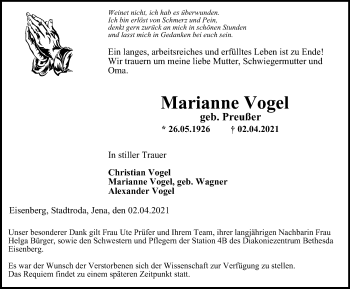 Traueranzeige von Marianne Vogel von Ostthüringer Zeitung