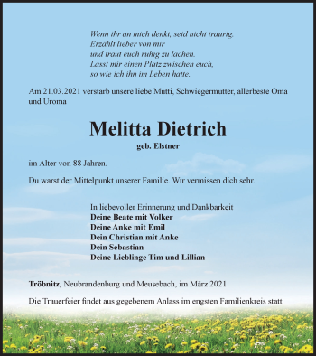 Traueranzeige von Melitta Dietrich von Ostthüringer Zeitung