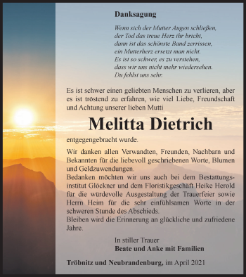 Traueranzeige von Melitta Dietrich von Ostthüringer Zeitung