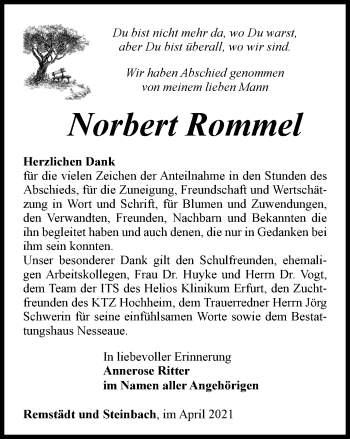 Traueranzeige von Norbert Rommel von Thüringer Allgemeine, Thüringische Landeszeitung