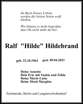 Traueranzeige von Ralf Hildebrand von Ostthüringer Zeitung