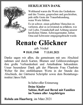 Traueranzeige von Renate Glöckner von Thüringer Allgemeine, Thüringische Landeszeitung