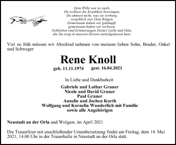 Traueranzeige von Rene Knoll