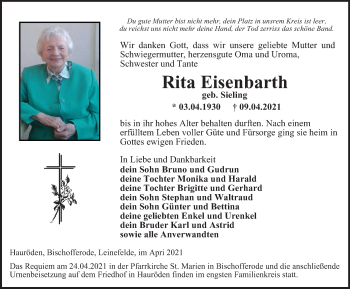 Traueranzeige von Rita Eisenbarth von Thüringer Allgemeine