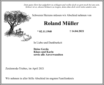 Traueranzeige von Roland Müller von Ostthüringer Zeitung