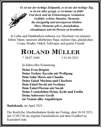 Traueranzeige von Roland Müller von Ostthüringer Zeitung