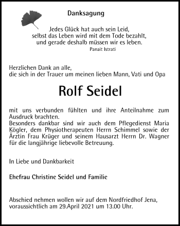 Traueranzeige von Rolf Seidel von Ostthüringer Zeitung