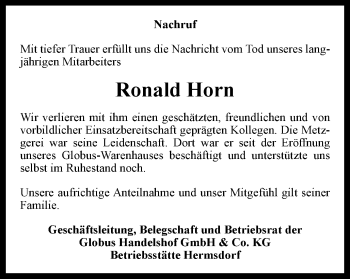 Traueranzeige von Ronald Horn von Ostthüringer Zeitung