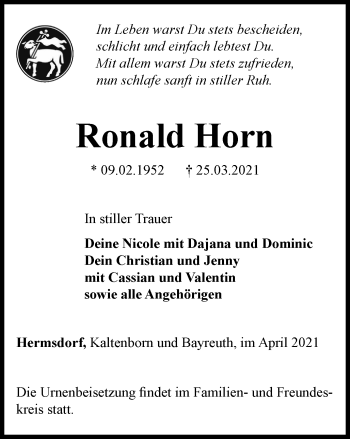 Traueranzeige von Ronald Horn von Ostthüringer Zeitung
