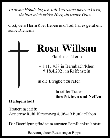 Traueranzeige von Rosa Willsau von Thüringer Allgemeine, Thüringische Landeszeitung