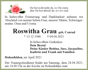 Traueranzeige von Roswitha Grau