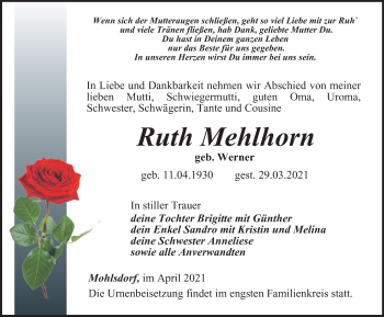 Traueranzeige von Ruth Mehlhorn von Ostthüringer Zeitung