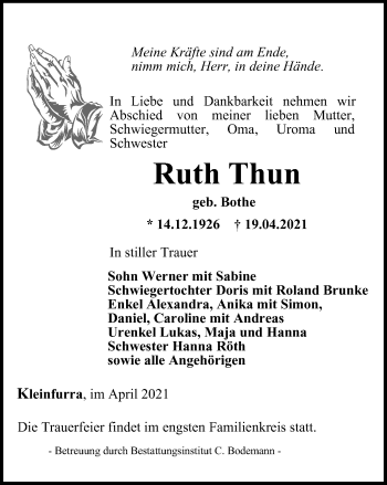 Traueranzeige von Ruth Thun