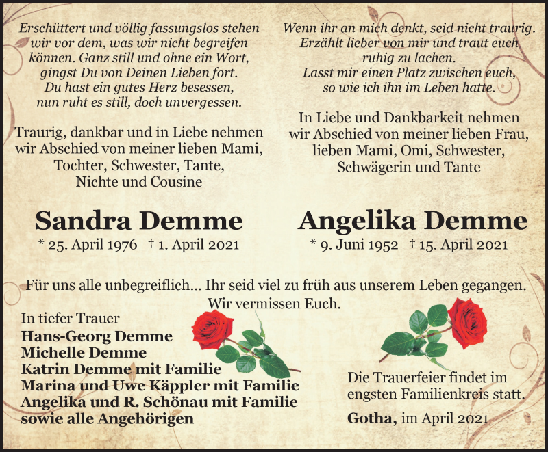  Traueranzeige für Sandra und Angelika Demme vom 30.04.2021 aus Thüringer Allgemeine, Thüringische Landeszeitung