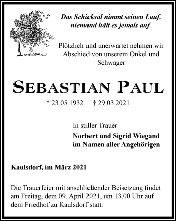 Traueranzeige von Sebastian Paul von Ostthüringer Zeitung